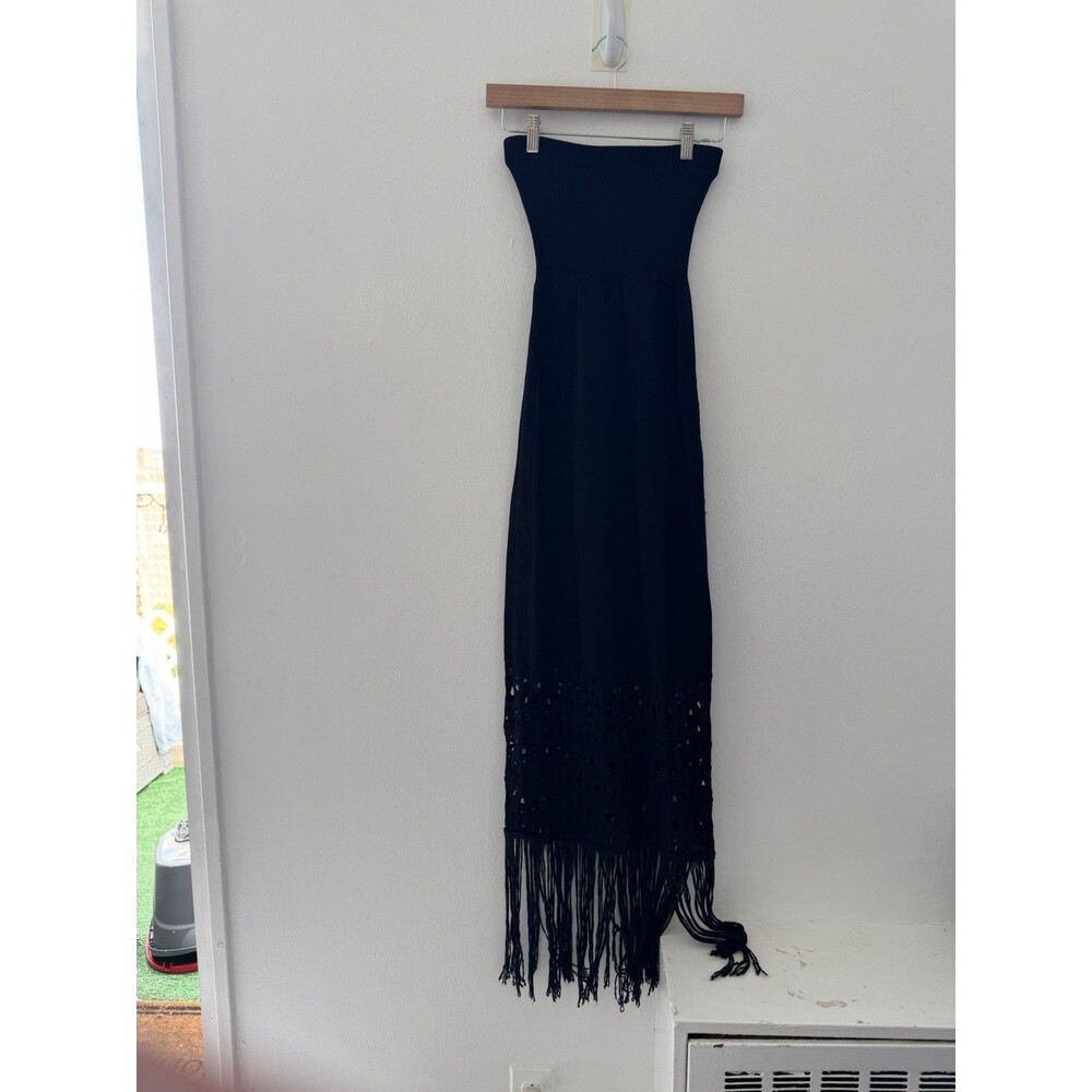 Lulu E Black Strapless Maxi Dress Size S Crochet Fringe Boho Gothic Festival